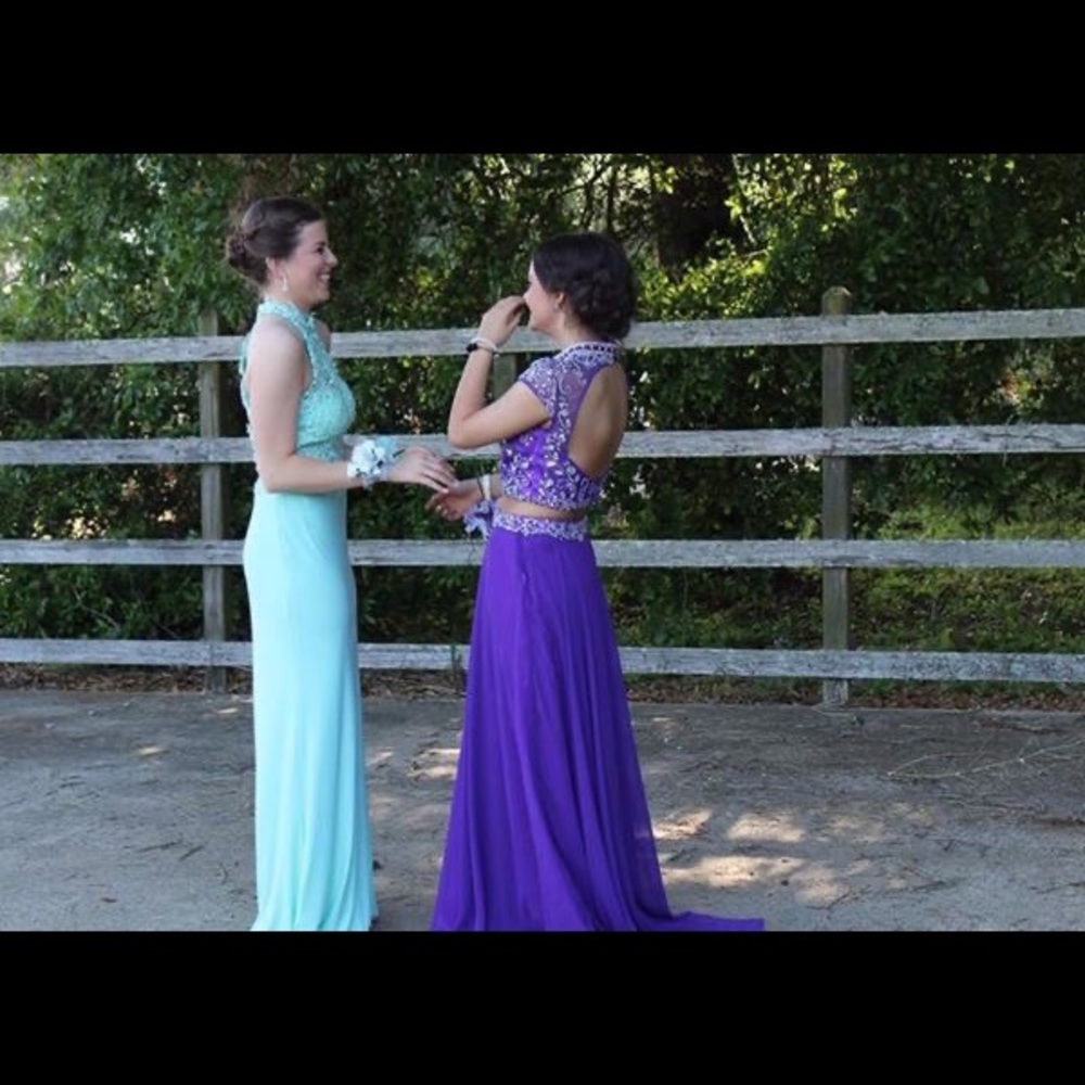 Long Purple Two Piece Prom Dress